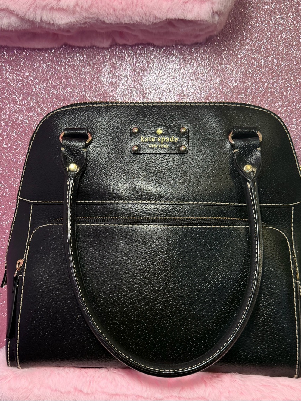 Kate Spade New York Black Pebbled Leather Dome Satchel - HOT PINK INTERIOR